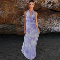 2pcs Tie Dye Printing Deep V-neck Suits Fashion Halter Backless Long Dresses For Beach Party