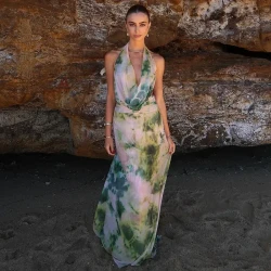 2pcs Tie Dye Printing Deep V-neck Suits Fashion Halter Backless Long Dresses For Beach Party