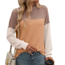 Round Neck Twist Strip Color Matching Long Sleeve Loose T-shirt For Women