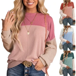 Round Neck Twist Strip Color Matching Long Sleeve Loose T-shirt For Women