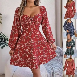 Fashion Floral Print Lantern Sleeve Dress  Women's Clothing