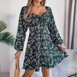 Fashion Floral Print Lantern Sleeve Dress  Women's Clothing