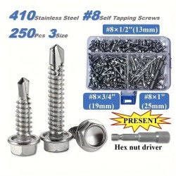 250pcs 410 Stainless Steel #8 Self-Tapping TEK Screws Assortment Kit – Hexagon Self-Drilling Screws for Metal, Furniture, Building & Repairing with Hex Washer Head, Includes Hex Nut Driver