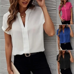 Women's Short-sleeved V-neck Shirt Summer Casual Solid Color Shirt