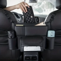 Faux Leather Car Seat Organizer - Multi-Functional Storage Bag with Handbag Holder & Pet Barrier